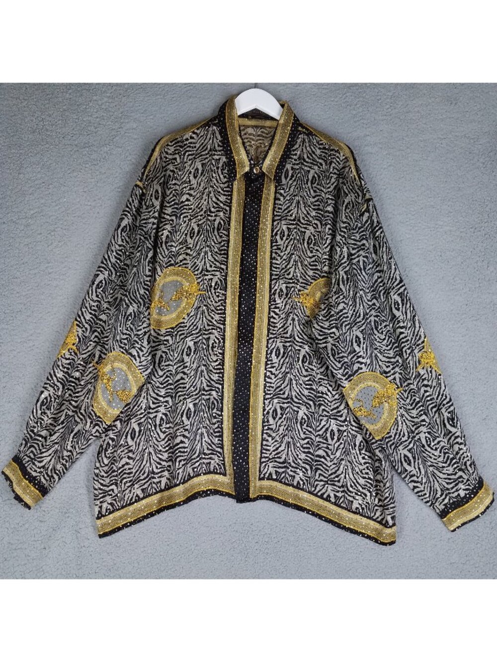 Seta Per Uomo Silk Shirt Adult 3XL Leopard Gold Metallic Button Up Long Sleeves